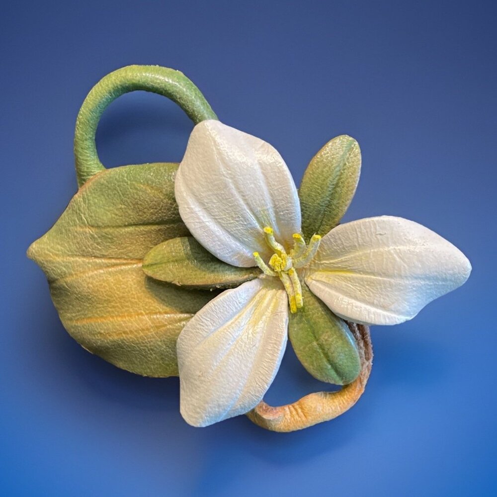 Vintage Leather Flower Lily Flower Brooch Green White Artisan